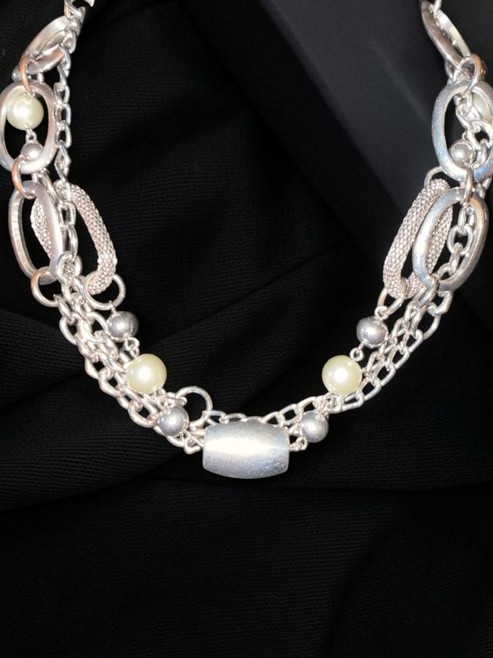Vintage Premier Designs Silver Three Strand Bracelet with Pearl Accents